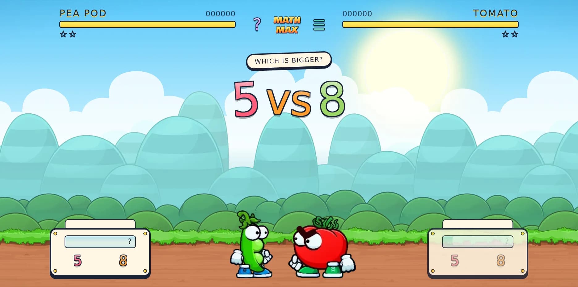 A Math Max round at the youngest level: the question “Which is bigger?” above the numbers 5 and 8, a pea-pod character and a tomato character below it, and a two-button answer pad for each player.